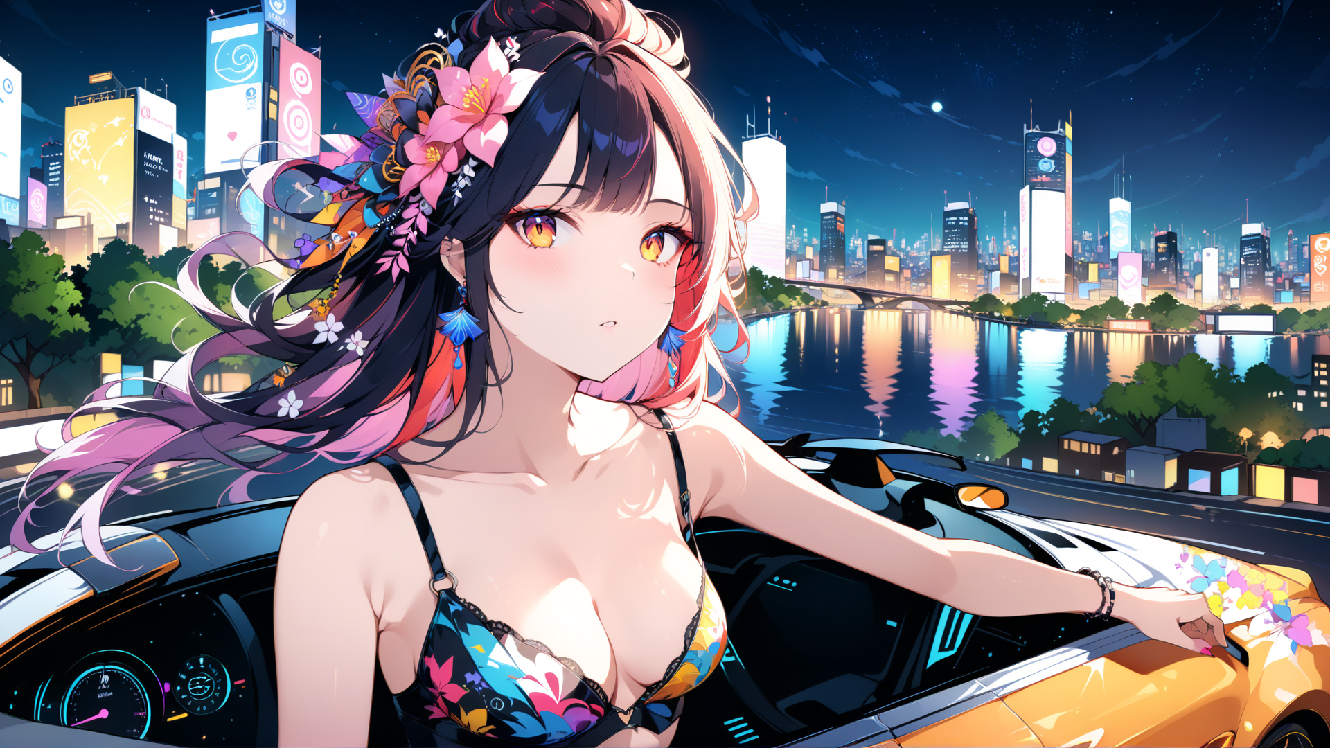 AI generated wallpaper featuring woman, car, city