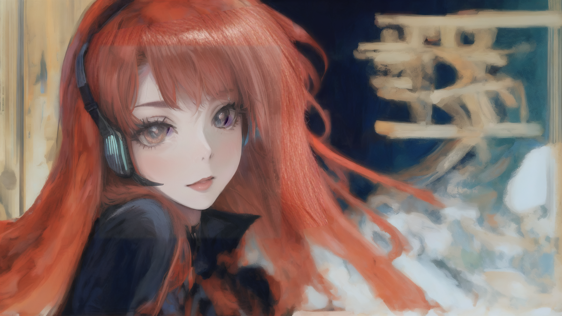 AI generated wallpaper featuring girl, headphones, red hair