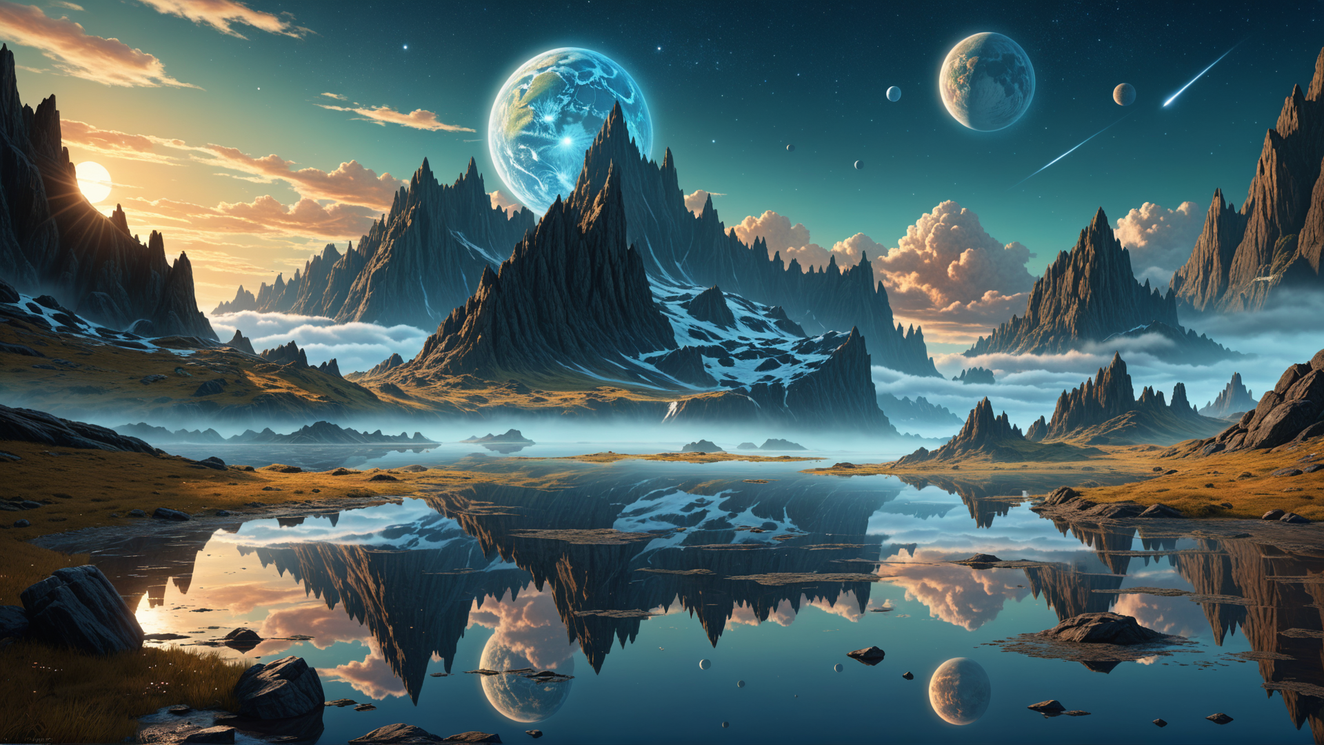 AI generated wallpaper featuring mountains, planets, lake
