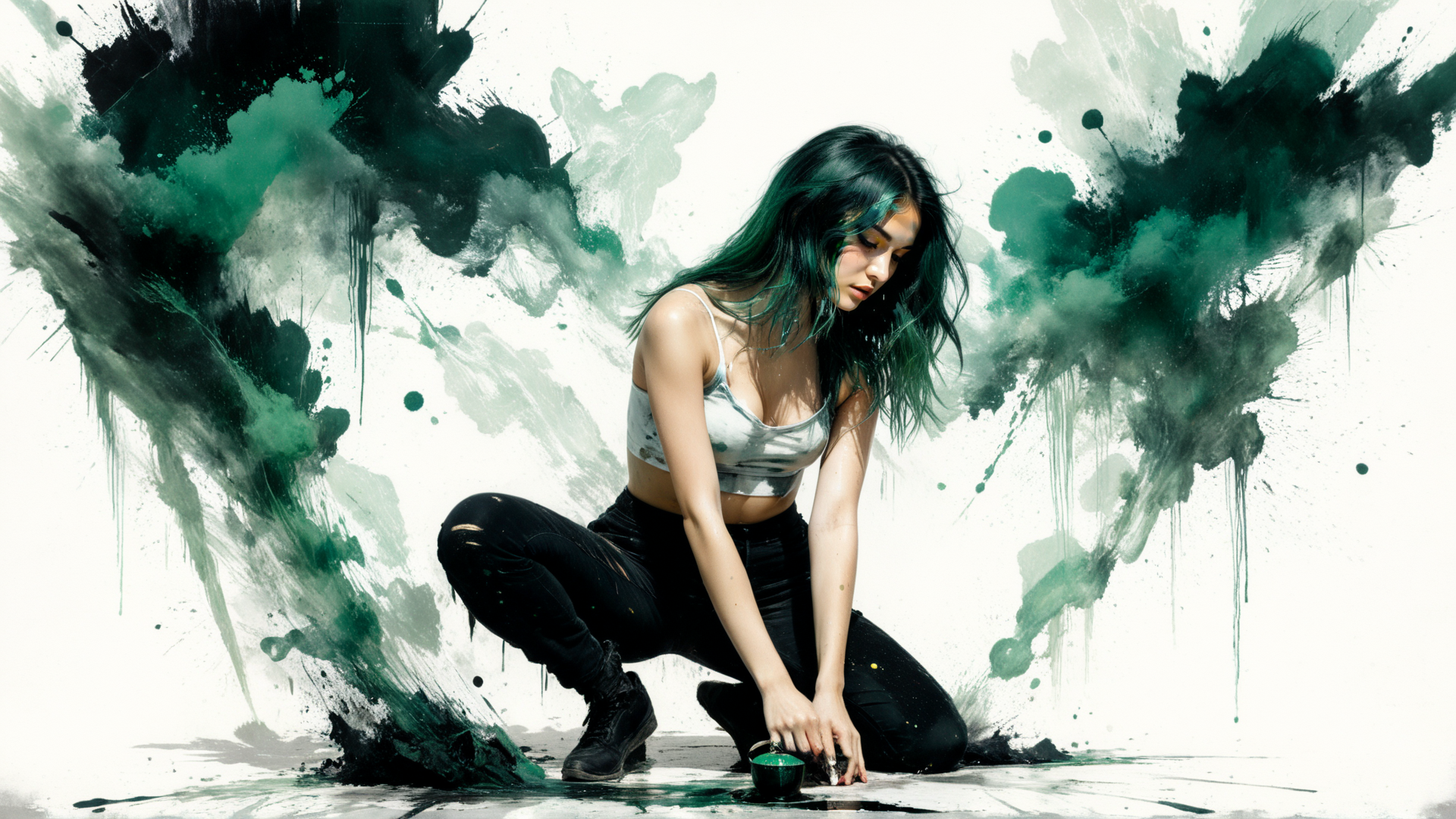 AI generated wallpaper featuring woman, paint, ink, art, girl