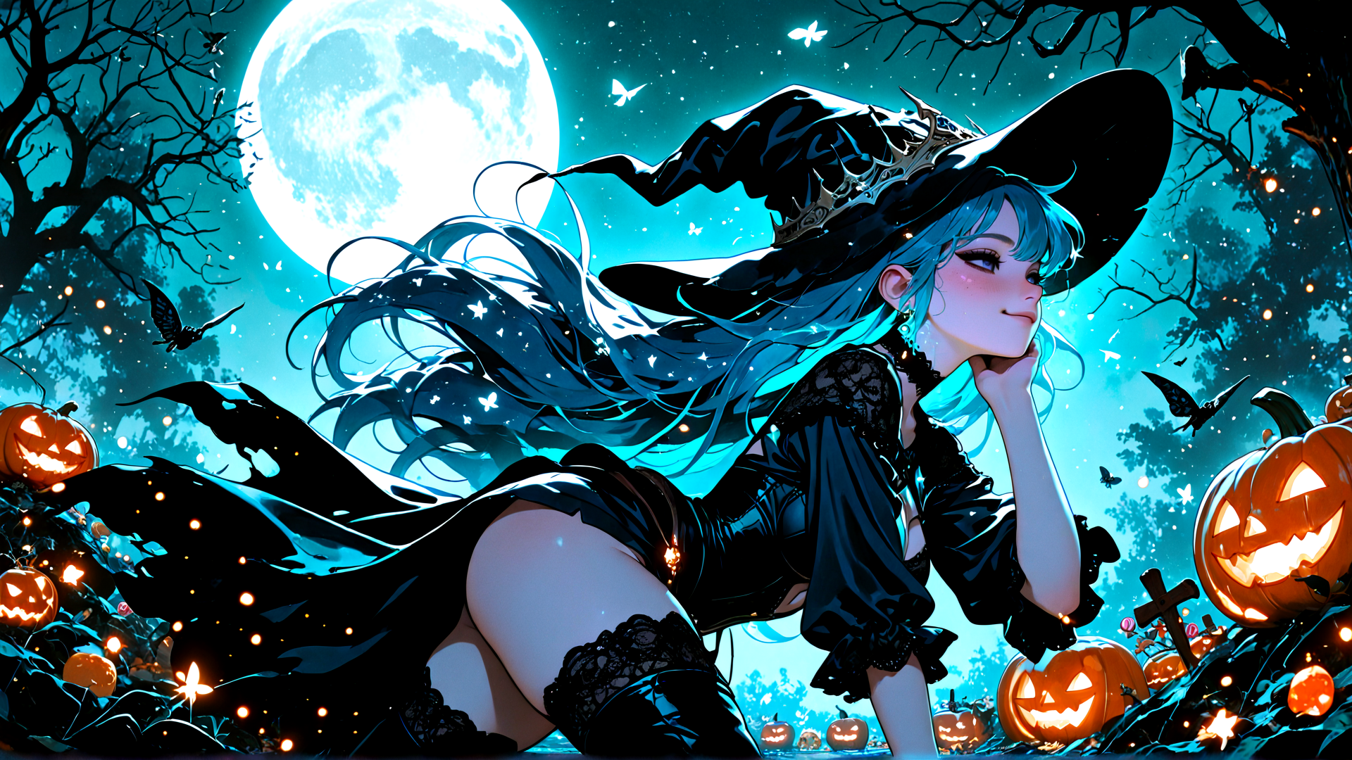 AI generated wallpaper featuring witch, pumpkin, moon, butterfly, tree, bat