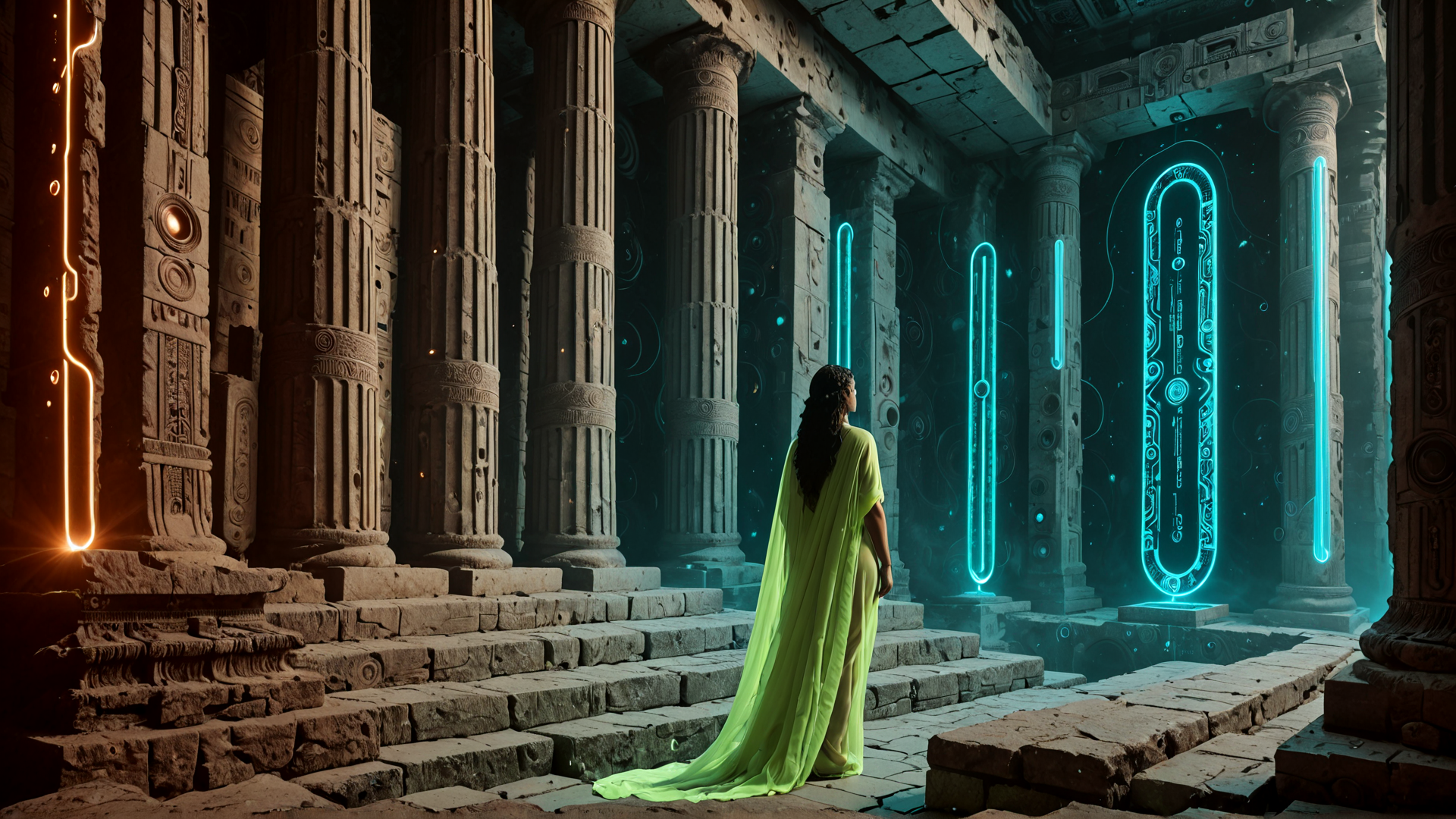 AI generated wallpaper featuring woman, columns, ancient temple, neon, scroll, stone, light, archway