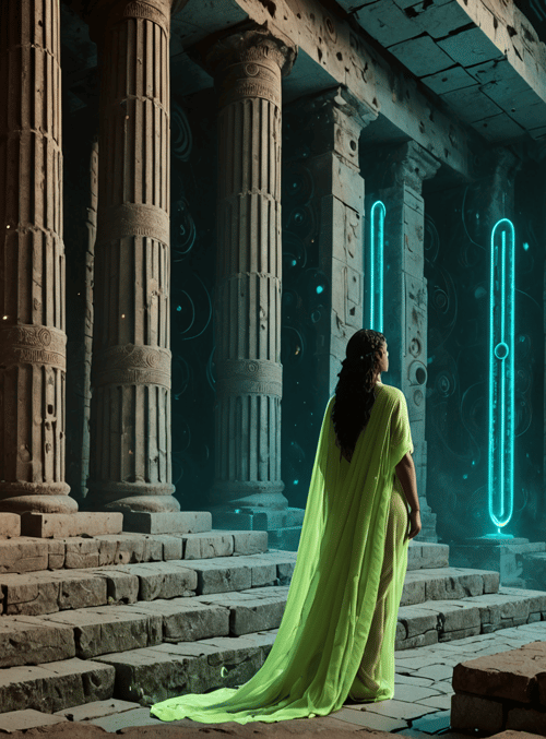 woman, columns, ancient temple, neon, scroll, stone, light, archway