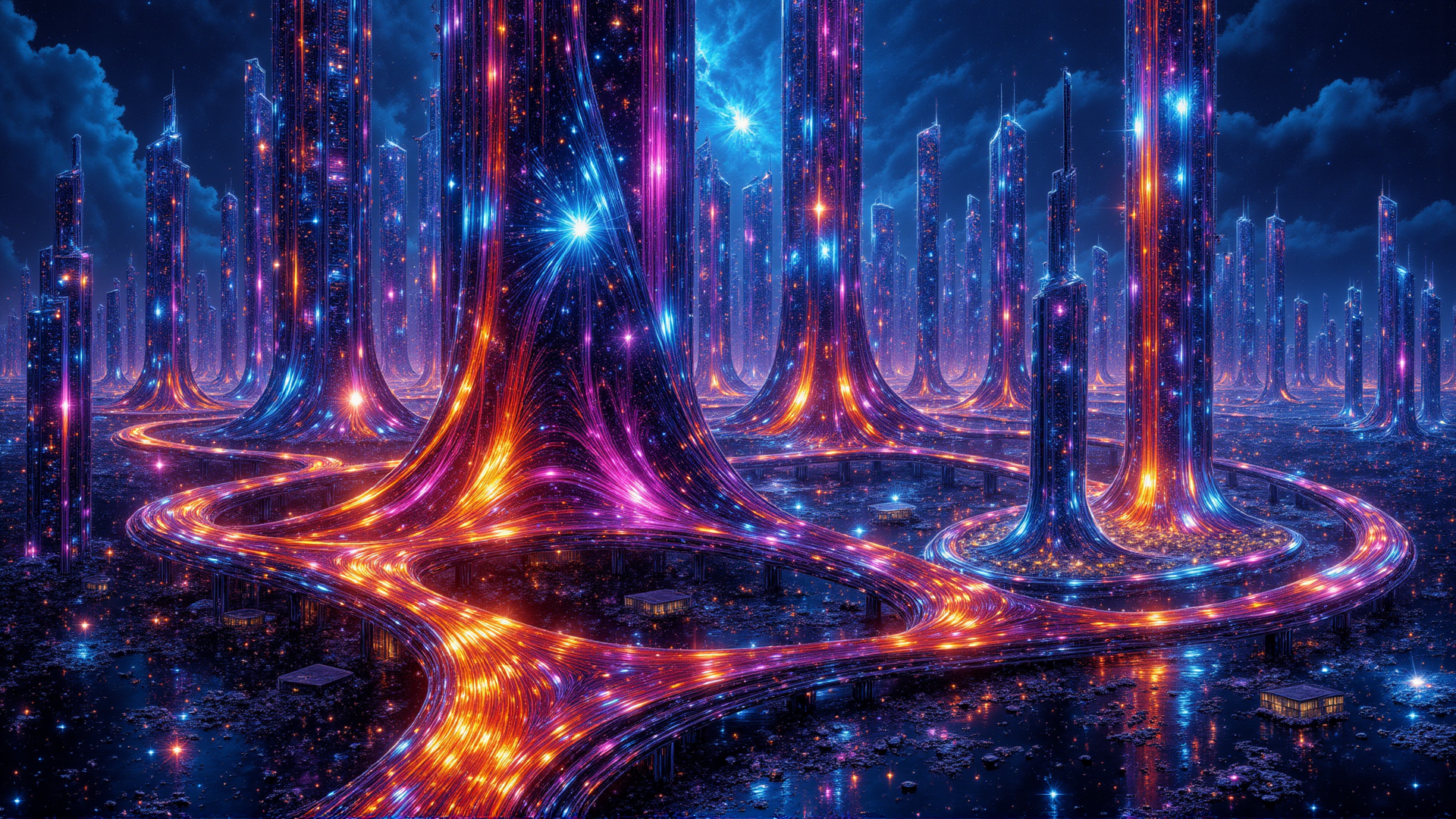 AI generated wallpaper featuring skyscrapers, cityscape, neon, buildings, luminous, structures, road, glowing, tower, paths