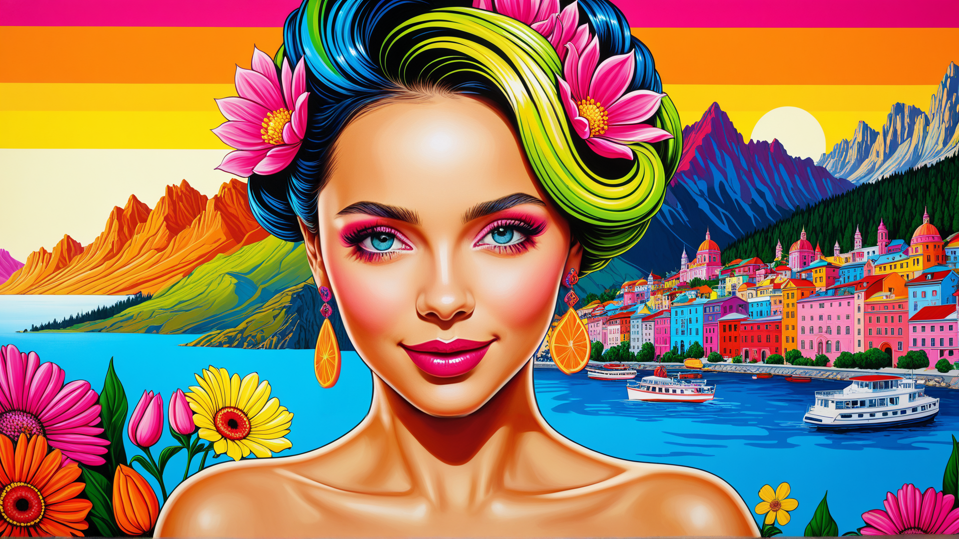 AI generated wallpaper featuring woman, flowers, mountains, city, lake, boats, sun, earrings, hair, sunrise
