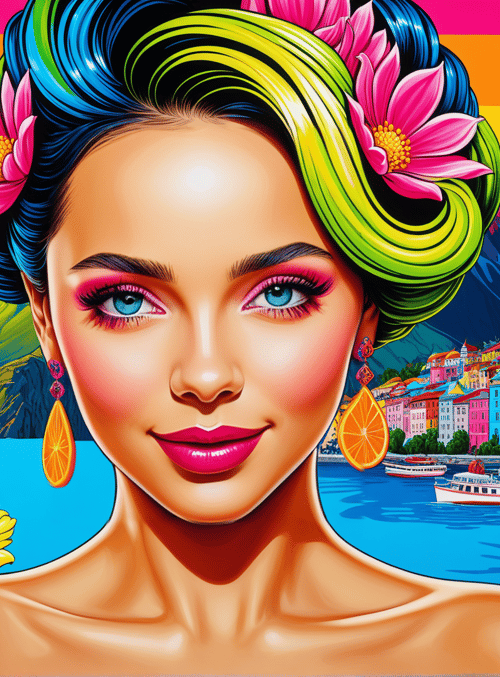 woman, flowers, mountains, city, lake, boats, sun, earrings, hair, sunrise