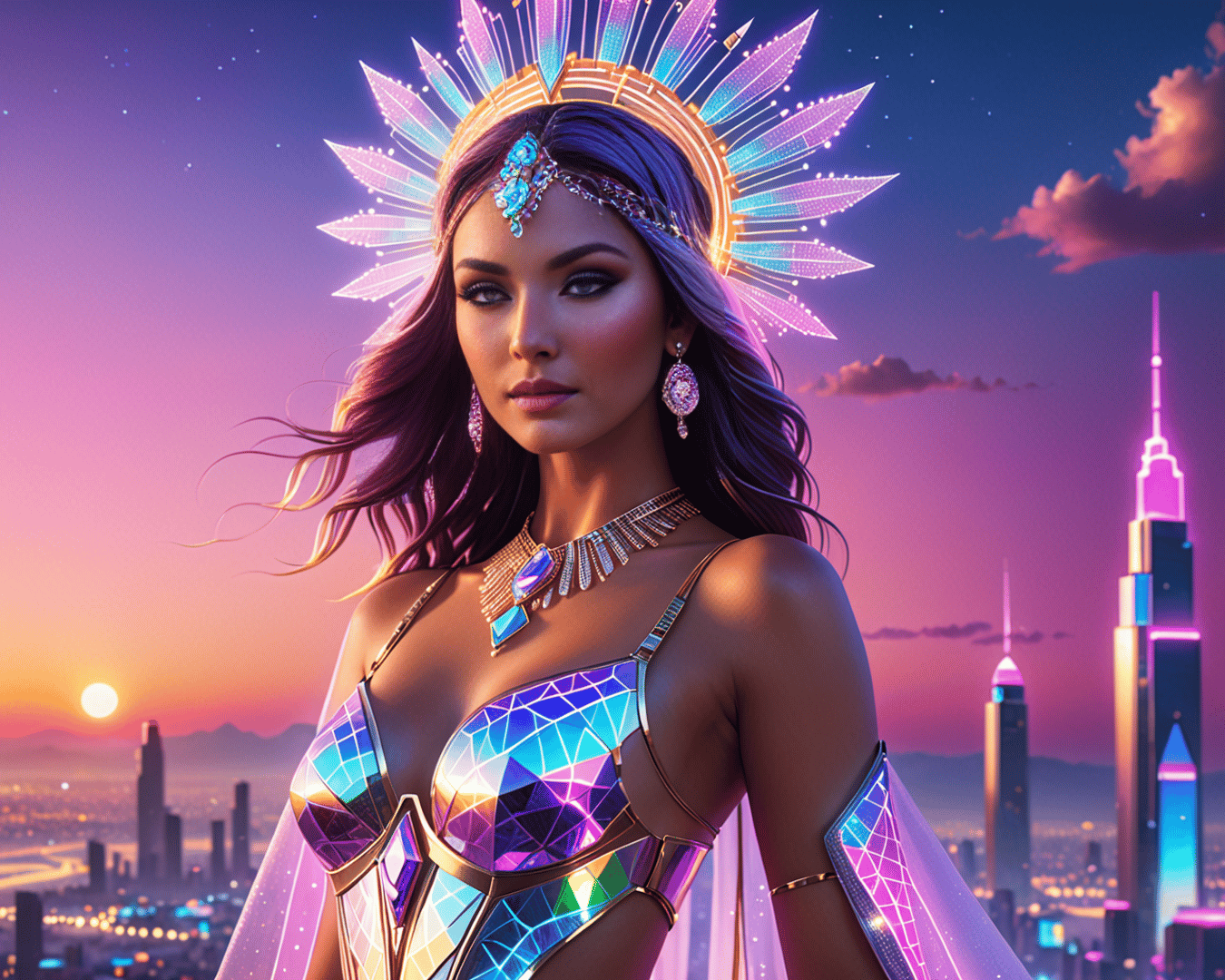 AI generated wallpaper featuring woman, cityscape, glow