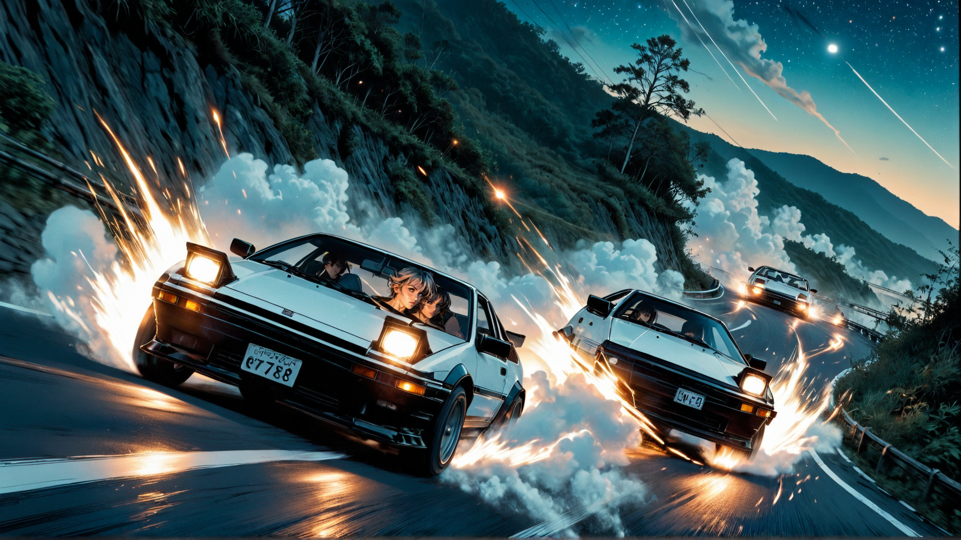AI generated wallpaper featuring cars, road, fire, smoke, mountains, stars, trees, people, license plate, spark