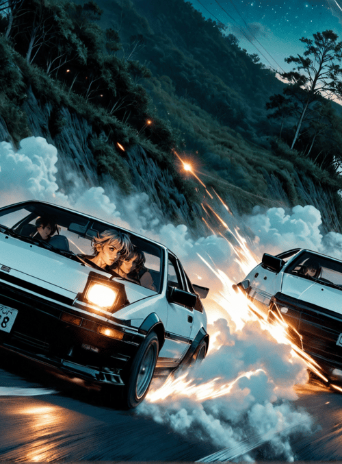 cars, road, fire, smoke, mountains, stars, trees, people, license plate, spark