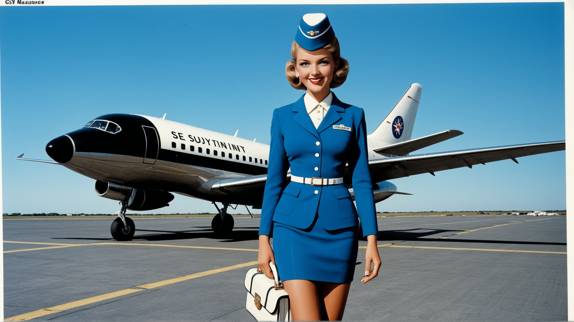 AI generated wallpaper featuring air hostess, airplane, uniform, suitcase, airport, sky, hat, dress, wings, logo