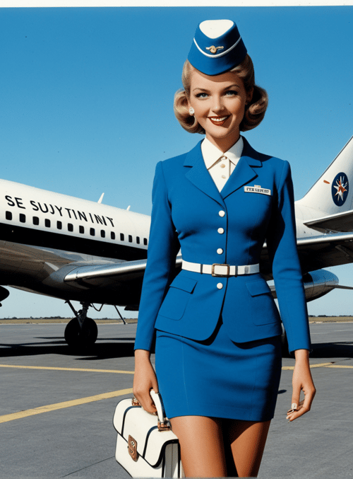 air hostess, airplane, uniform, suitcase, airport, sky, hat, dress, wings, logo