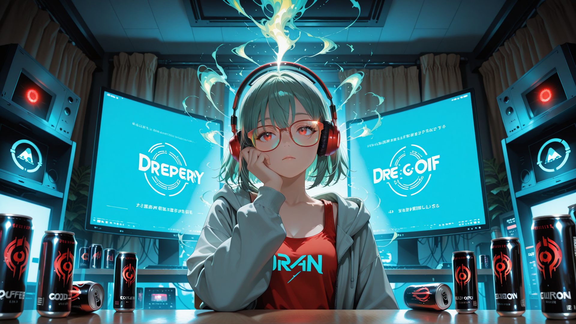 AI generated wallpaper featuring girl, headphones, monitor, can, glasses, computer, room, anime, digital, desk