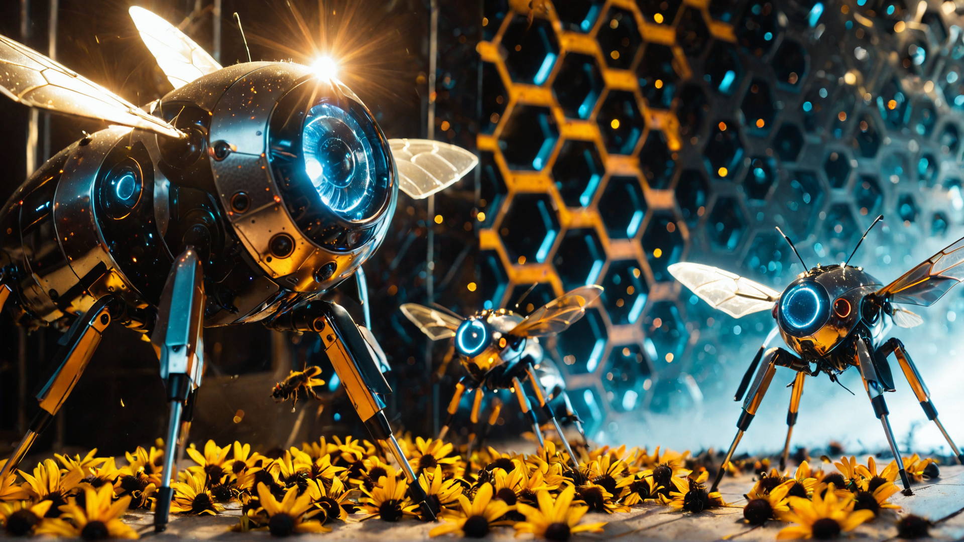 AI generated wallpaper featuring robot, bee, flower, machine, insect