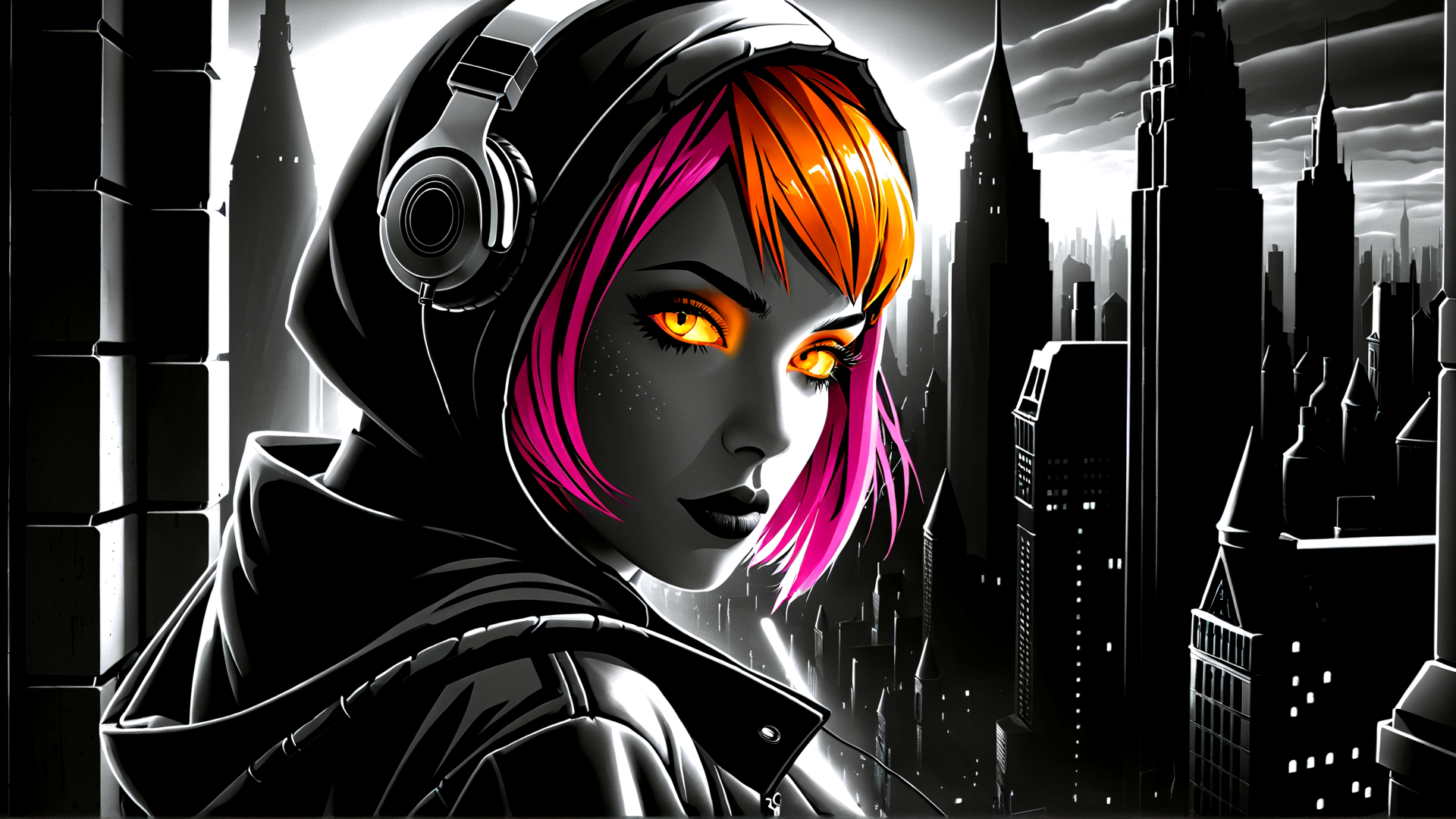 AI generated wallpaper featuring girl, cityscape, hoodie, headphones, hair