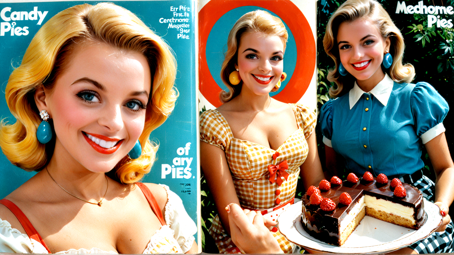 AI generated wallpaper featuring woman, pie, cake, magazine, earrings, dress