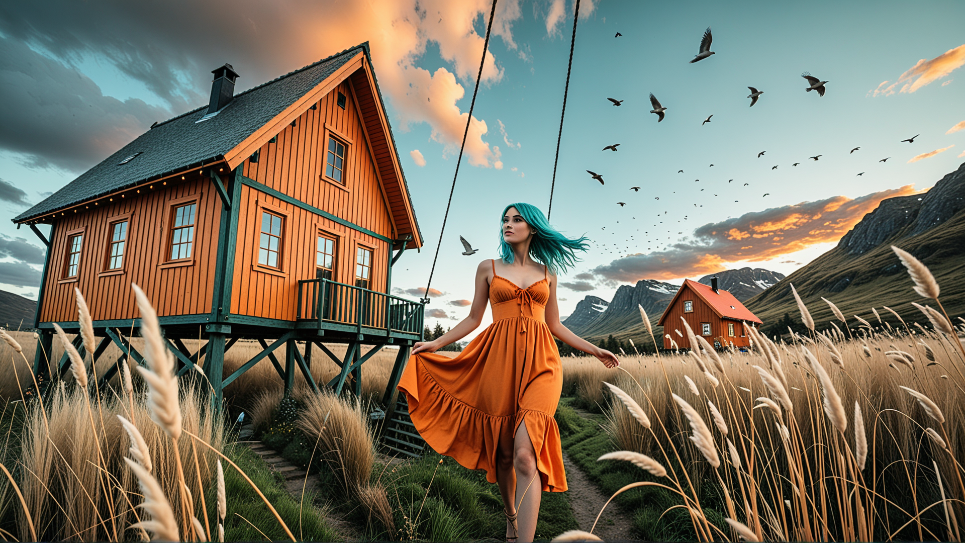 AI generated wallpaper featuring woman, house, birds, field, mountains, sunset