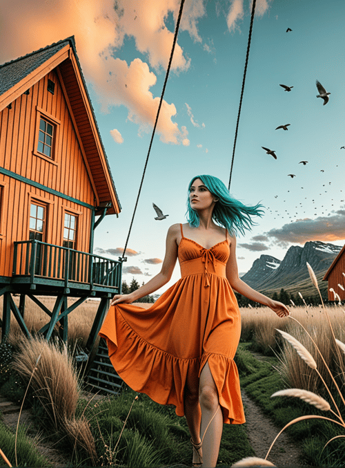 woman, house, birds, field, mountains, sunset