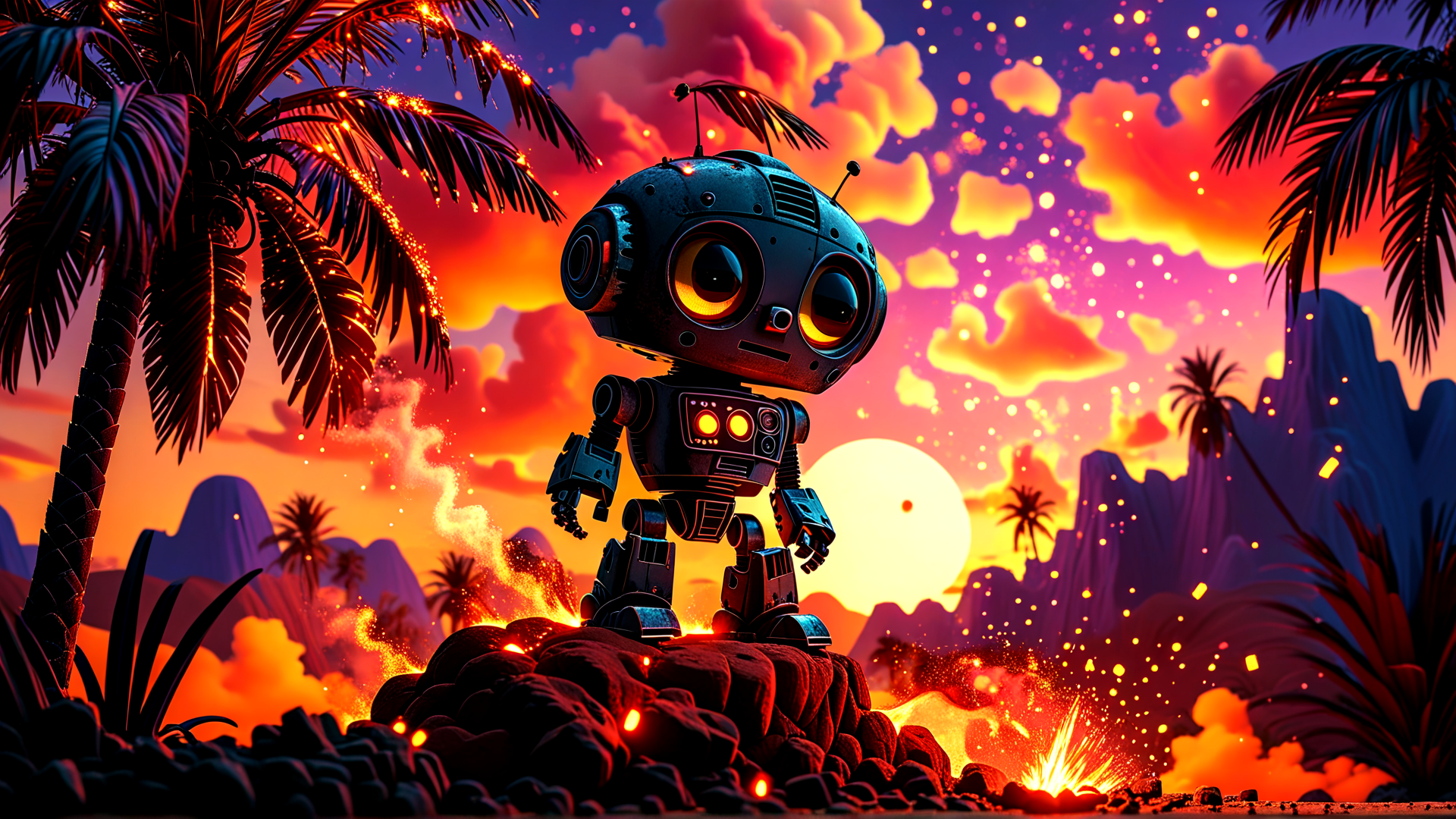 AI generated wallpaper featuring robot, palm tree, sunset, mountain, rock, fire, cloud, sun, sparkle, mountain range