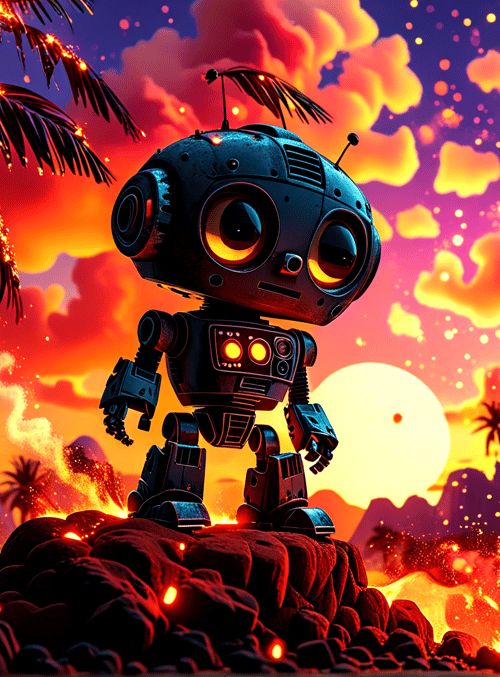 robot, palm tree, sunset, mountain, rock, fire, cloud, sun, sparkle, mountain range