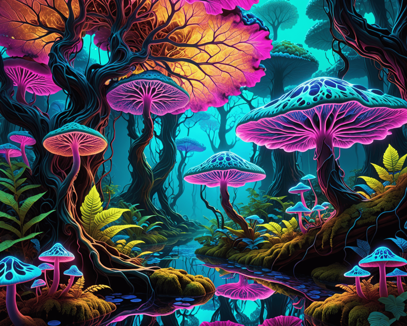 AI generated wallpaper featuring mushrooms, trees, forest