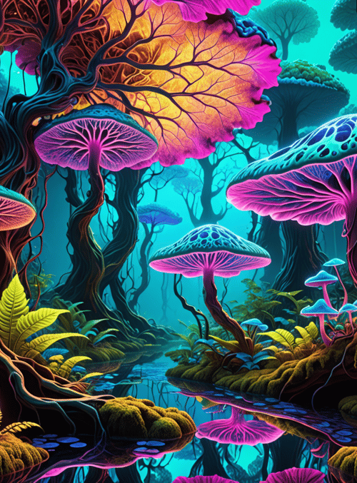 mushrooms, trees, forest