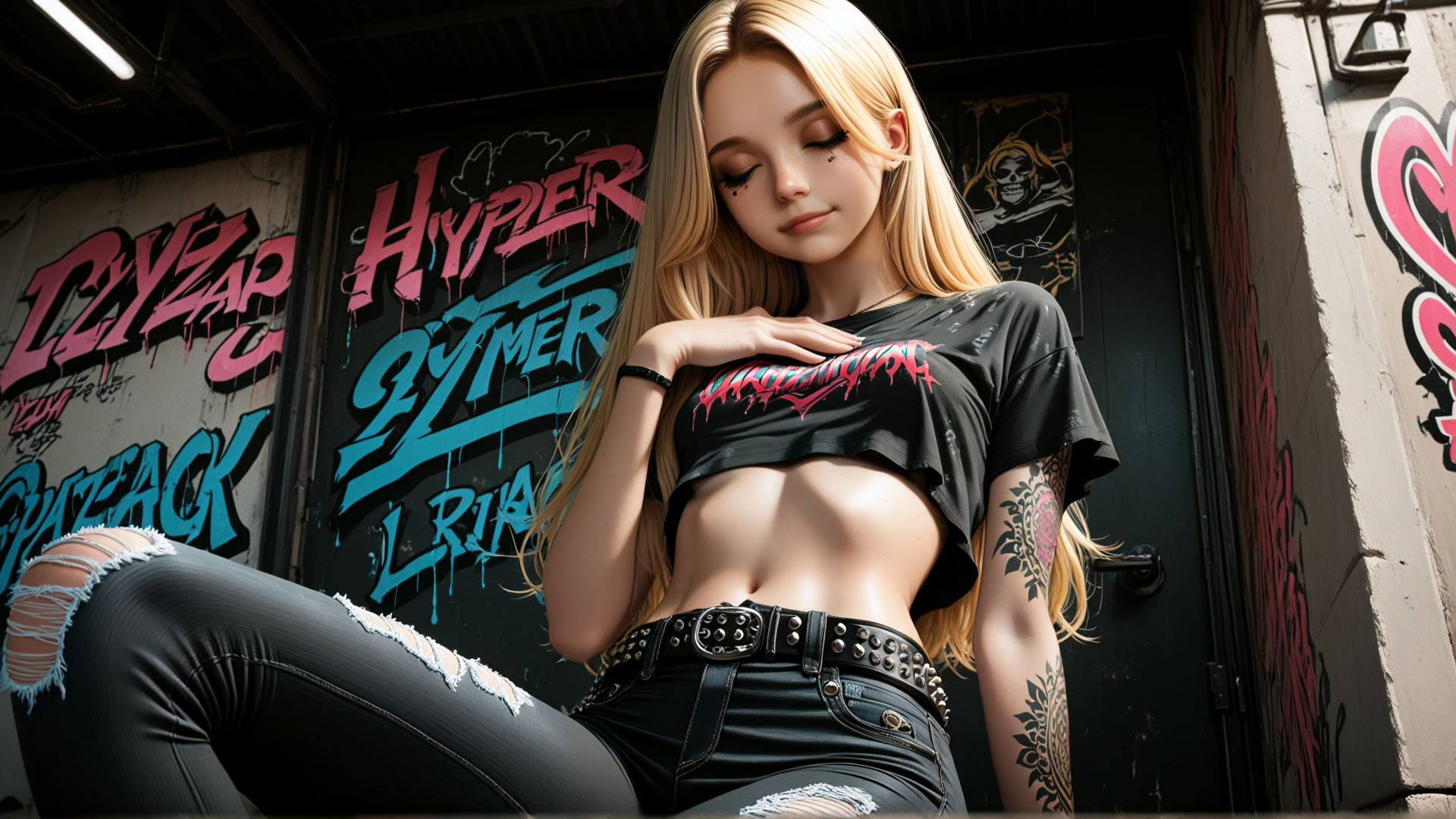 AI generated wallpaper featuring blonde, girl, tattoo, crop top, ripped jeans, belt, graffiti, urban, streetwear, sneaker