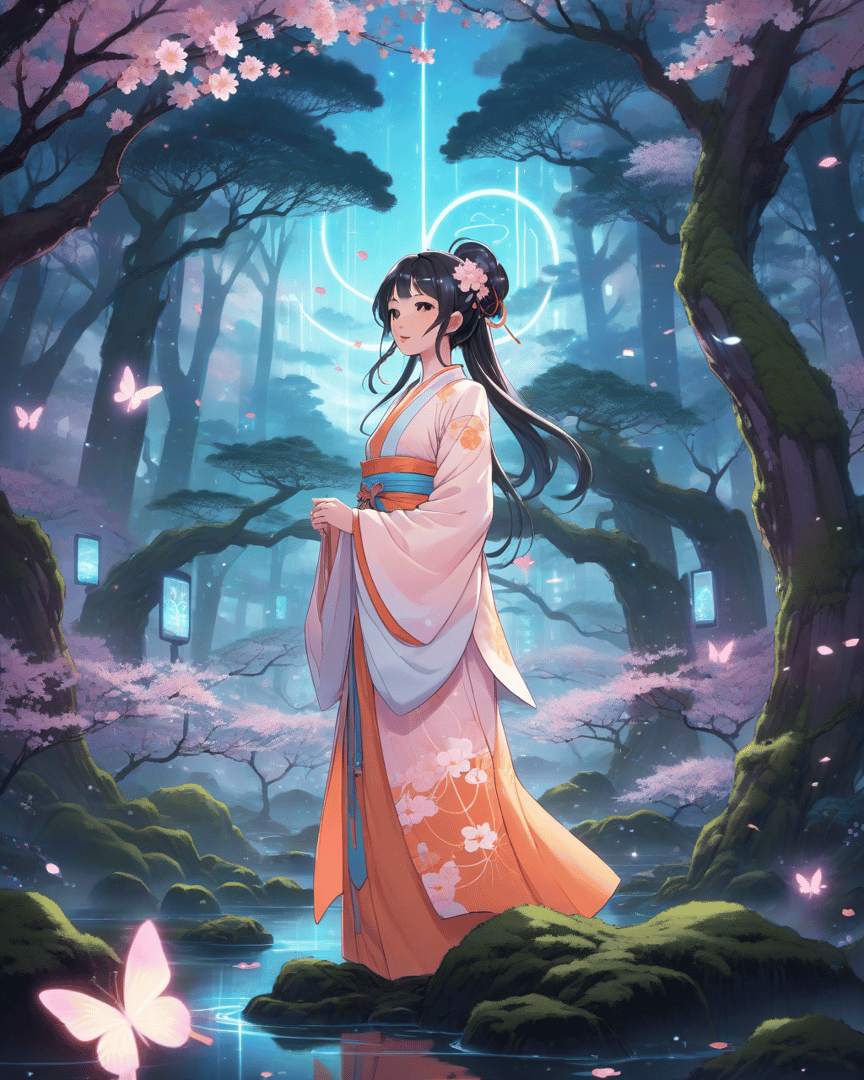 AI generated wallpaper featuring girl, cherry blossoms, butterflies