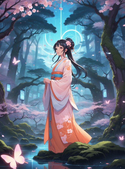 girl, cherry blossoms, butterflies