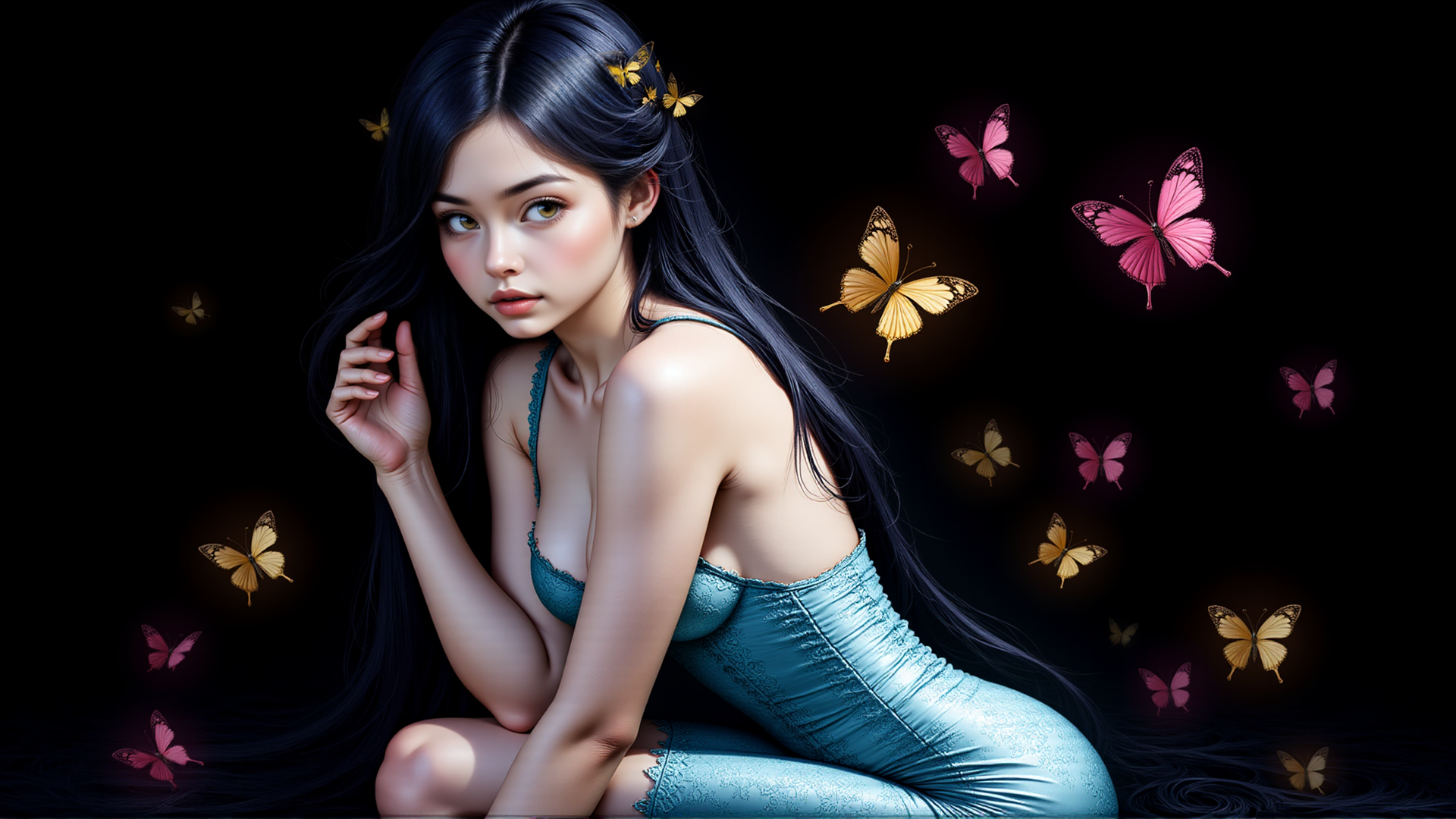 AI generated wallpaper featuring woman, butterflies, dress