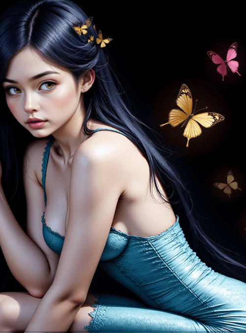 woman, butterflies, dress