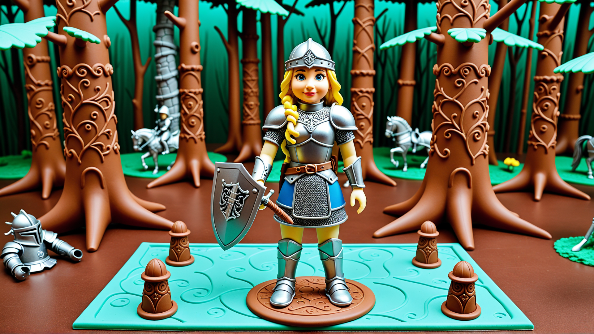 AI generated wallpaper featuring knight, shield, trees, armor, horse, braid, base, crown, figure, forest