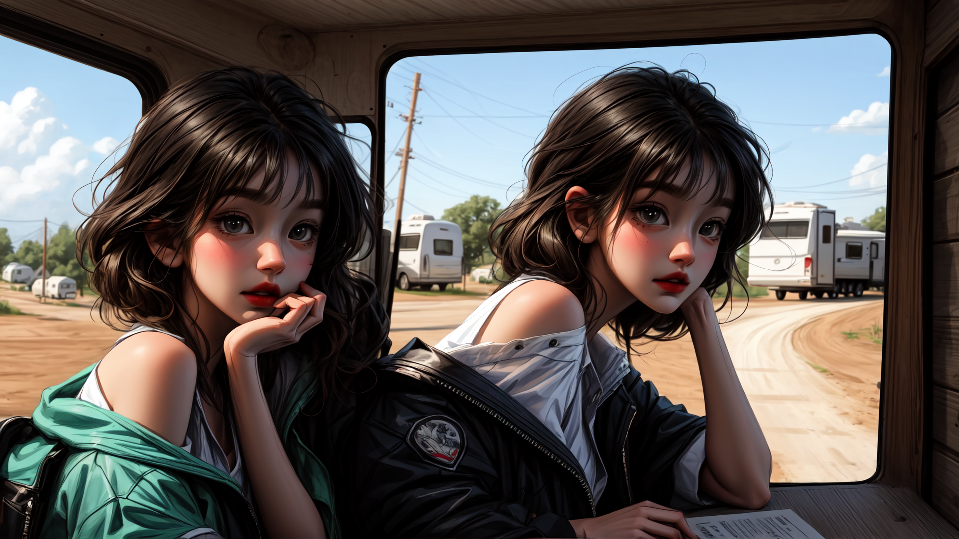 AI generated wallpaper featuring girls, camper, trailer, road, bus, hair, jacket, sky, car, document