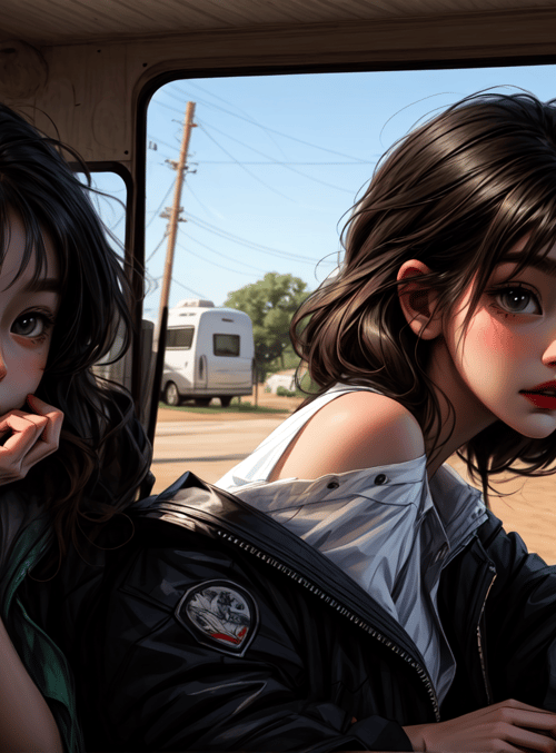 girls, camper, trailer, road, bus, hair, jacket, sky, car, document