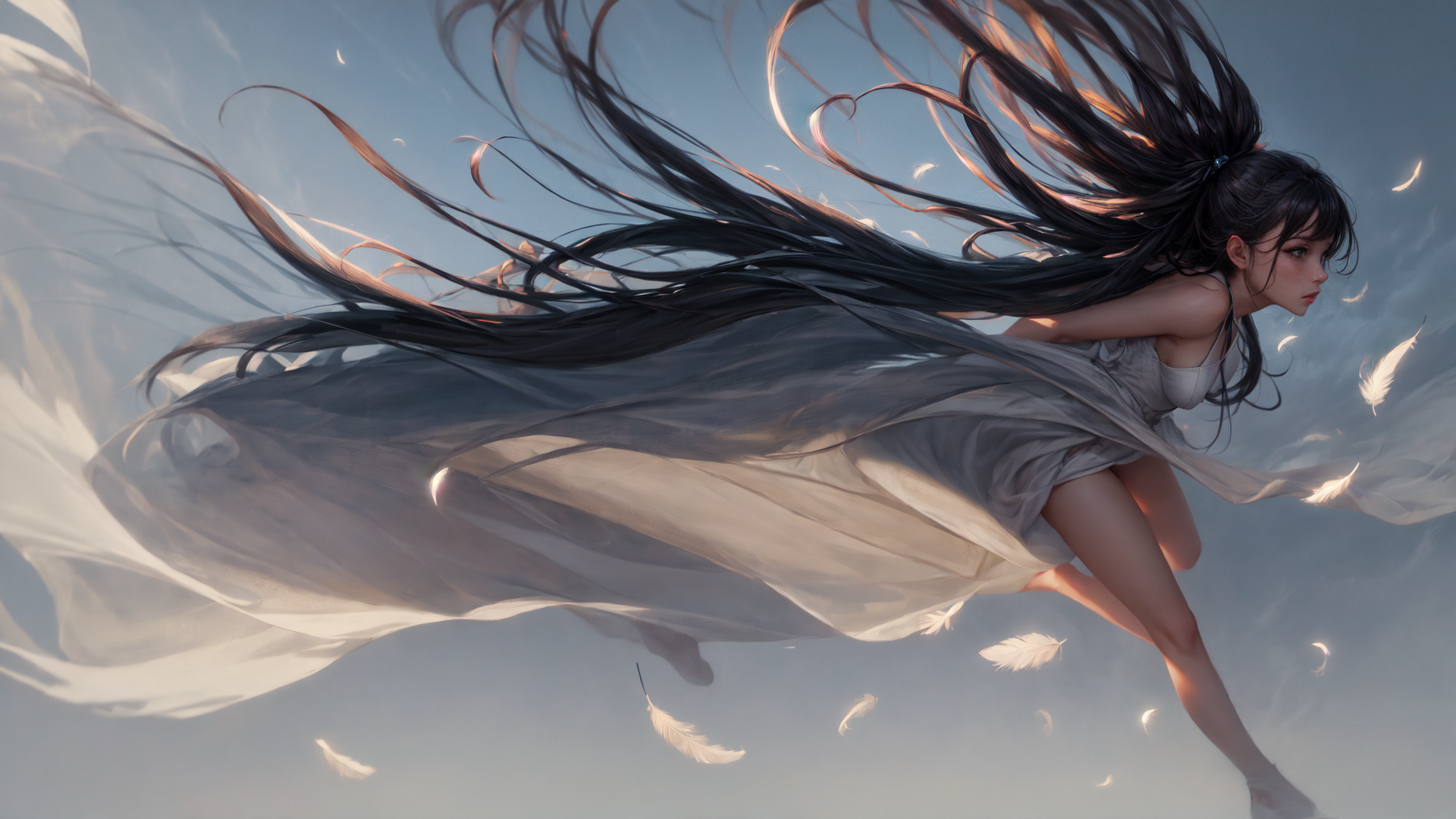 AI generated wallpaper featuring woman, feathers, dress