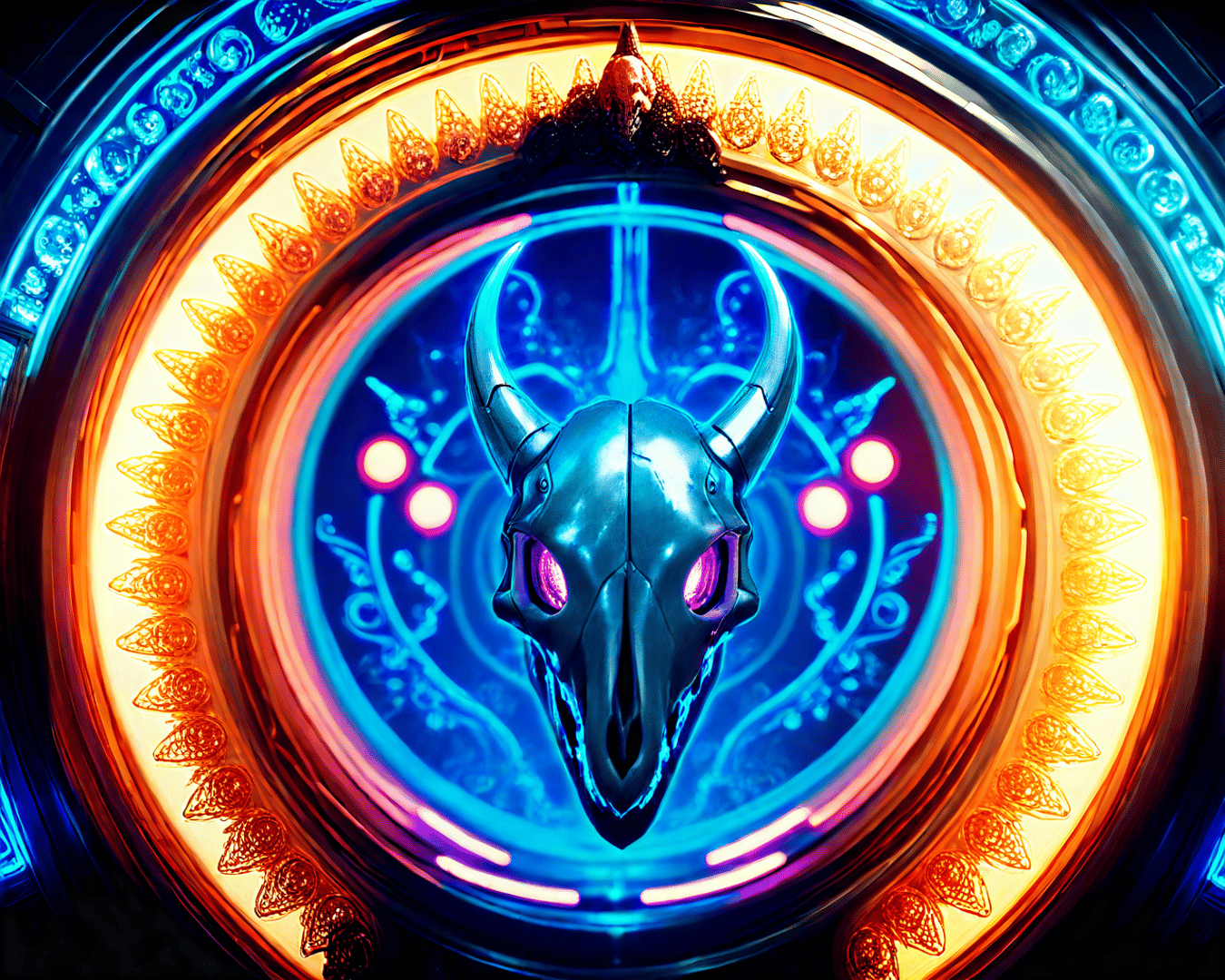 AI generated wallpaper featuring skull, neon, circular