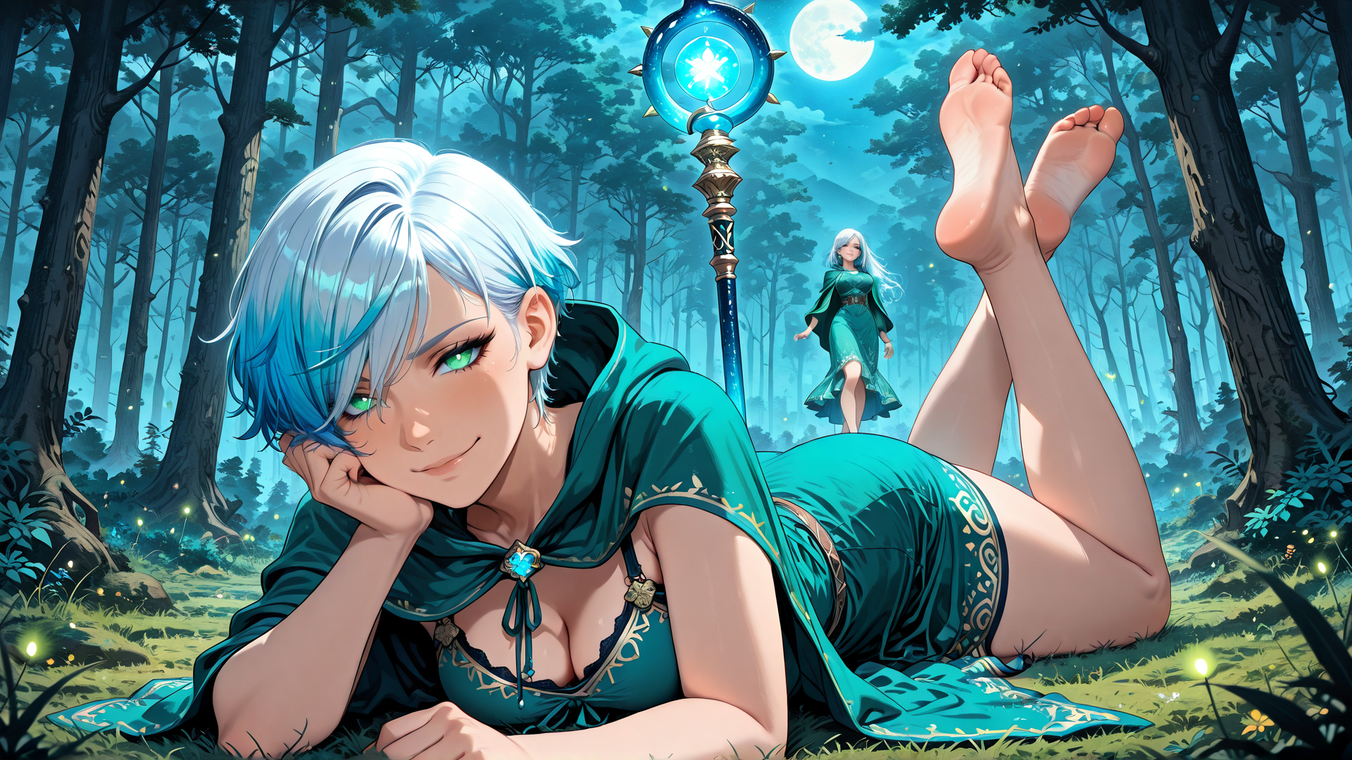 AI generated wallpaper featuring elf, magic wand, moon, forest, fairy, woman, lady, crown, glow, fireflies