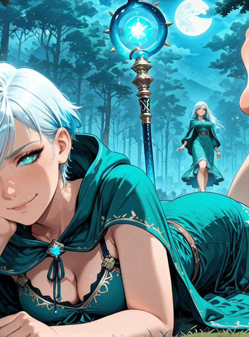 elf, magic wand, moon, forest, fairy, woman, lady, crown, glow, fireflies