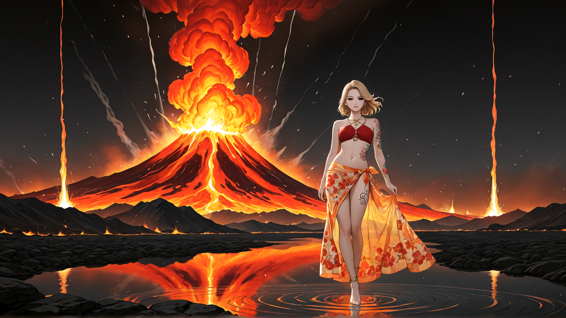 AI generated wallpaper featuring woman, volcano, lava, water, tattoo, bikini, sunset, reflection, mountains, fire
