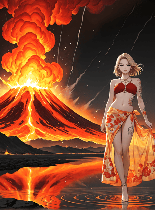 woman, volcano, lava, water, tattoo, bikini, sunset, reflection, mountains, fire