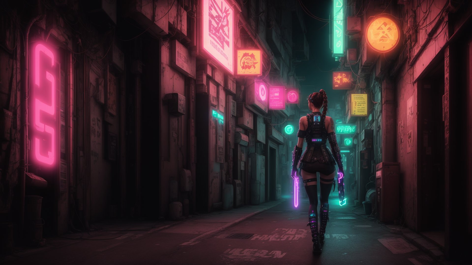 AI generated wallpaper featuring cyberpunk, woman, neon