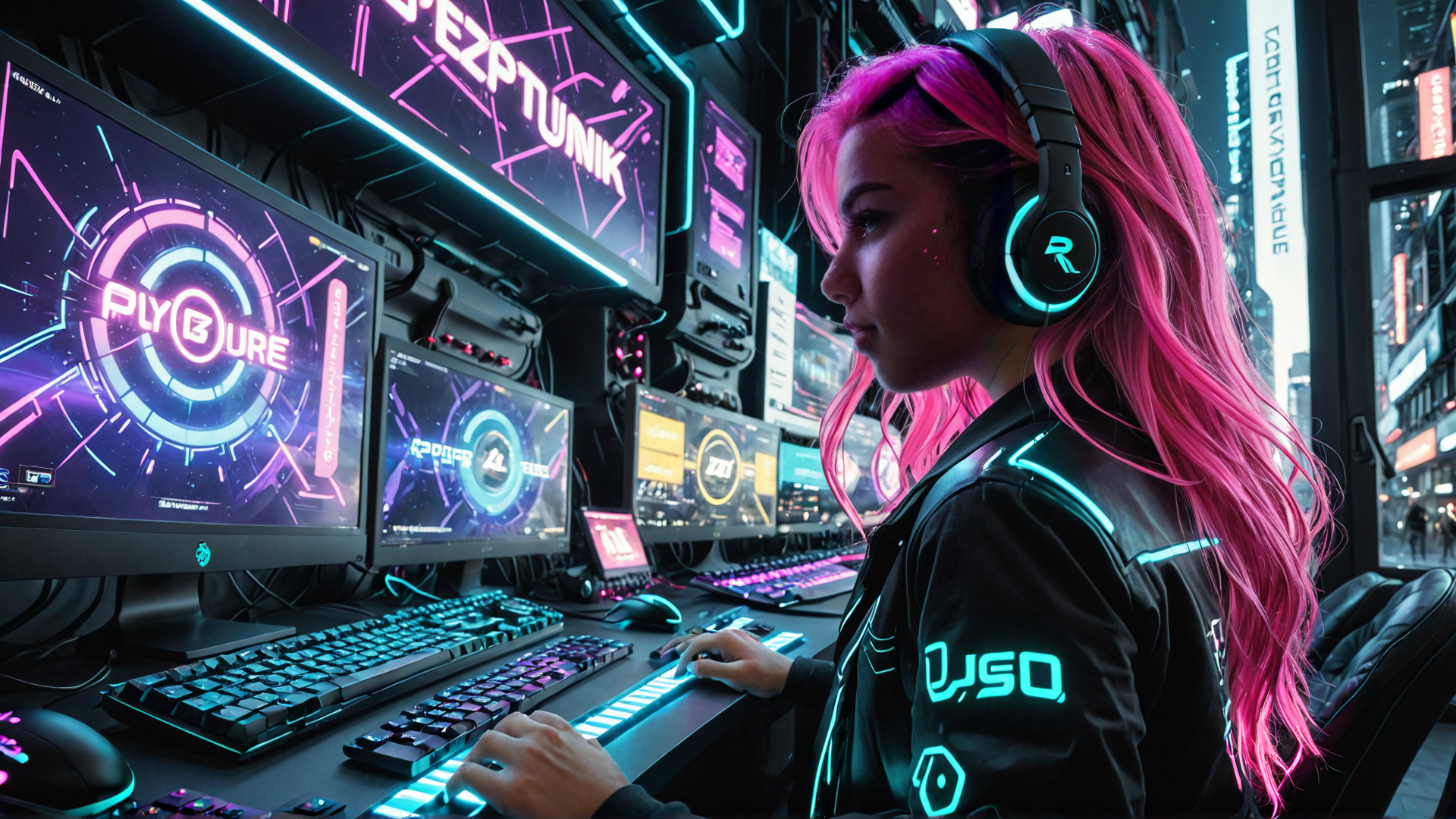 AI generated wallpaper featuring gamer, headphones, computer
