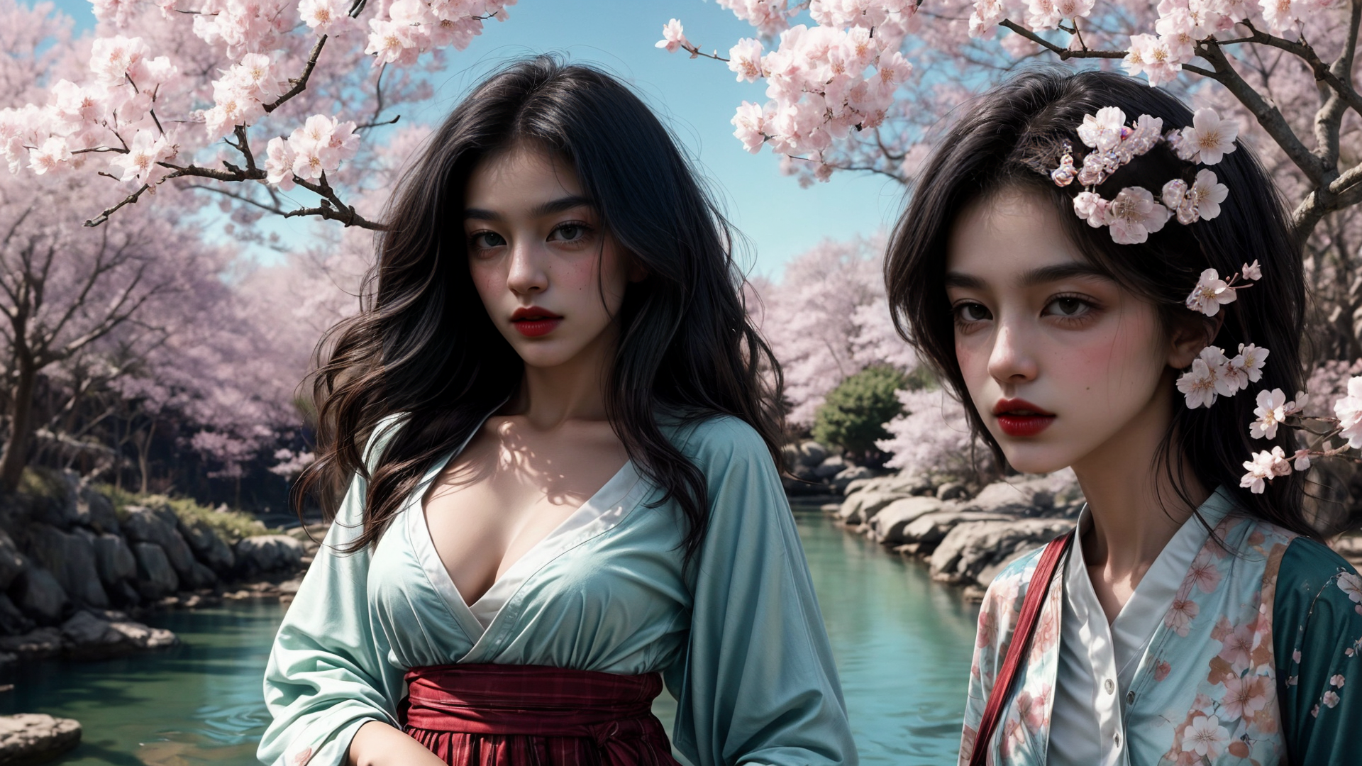 AI generated wallpaper featuring women, cherry blossoms, river