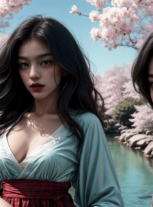 women, cherry blossoms, river