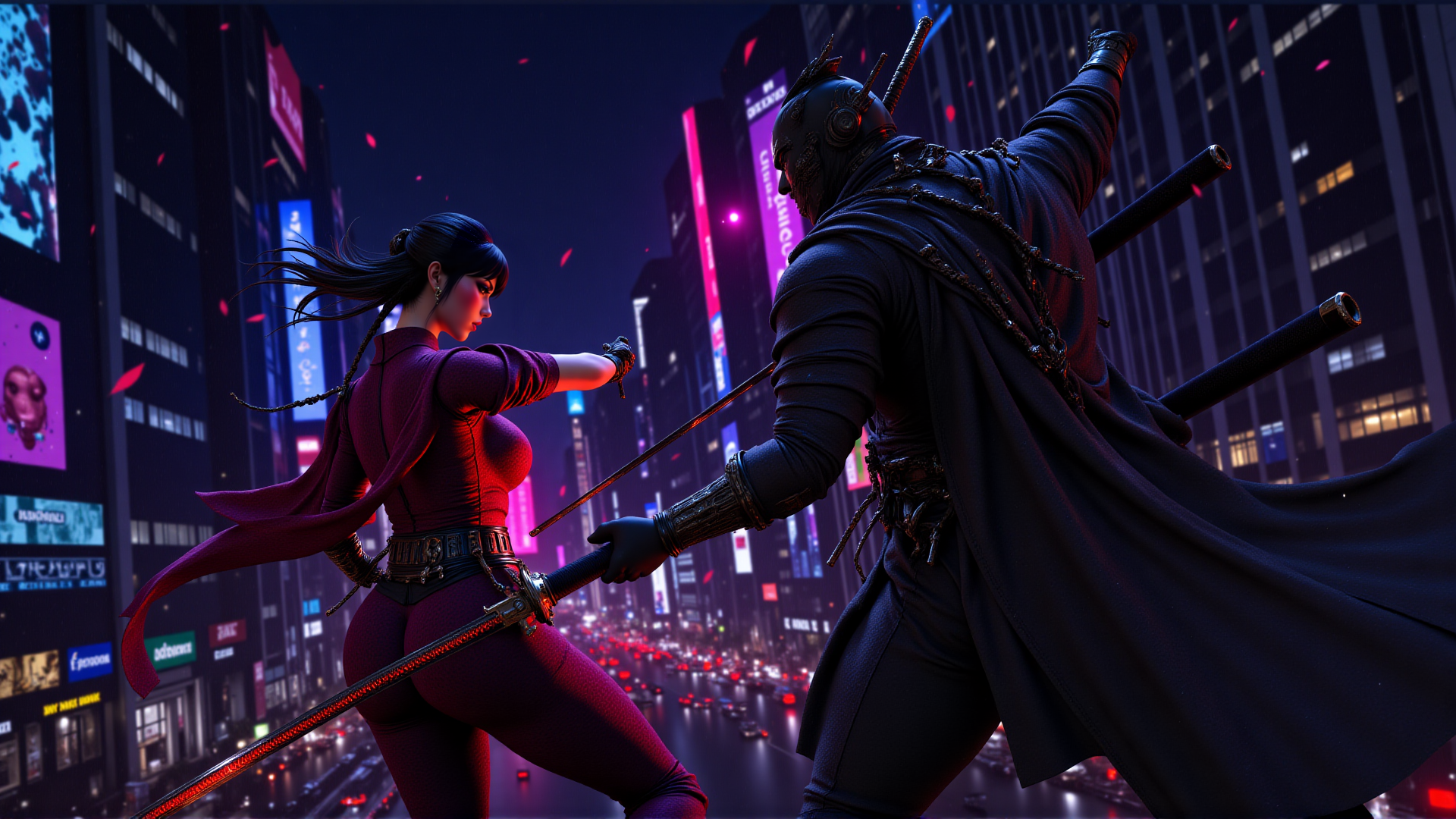 AI generated wallpaper featuring swordswoman, samurai, cityscape