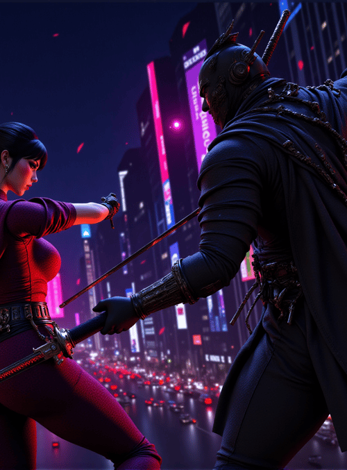 swordswoman, samurai, cityscape