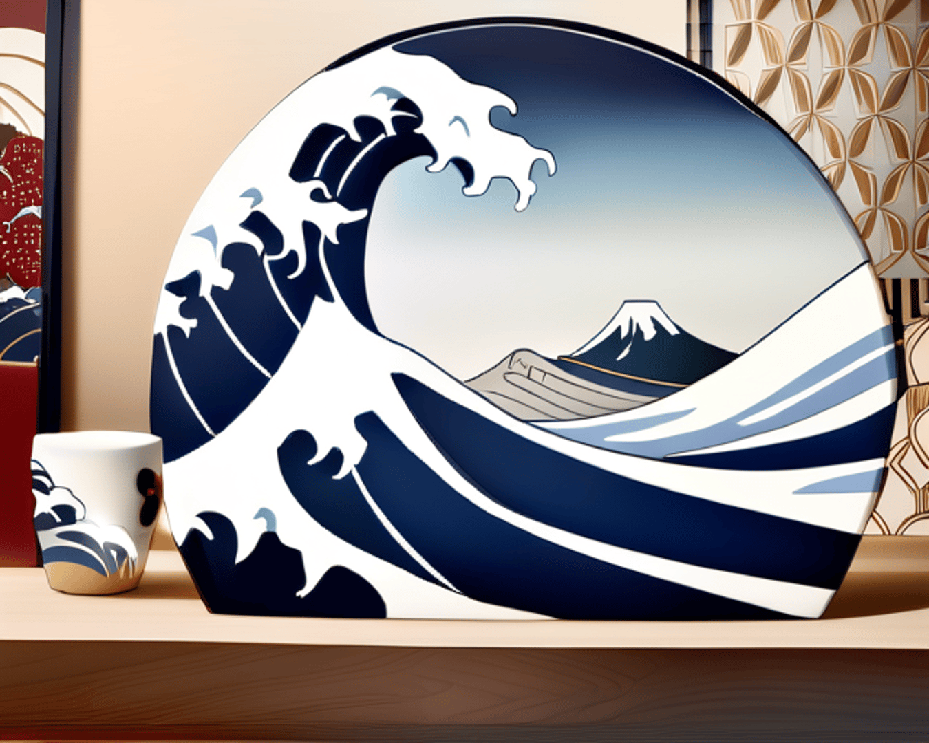 AI generated wallpaper featuring wave, mountain, cup