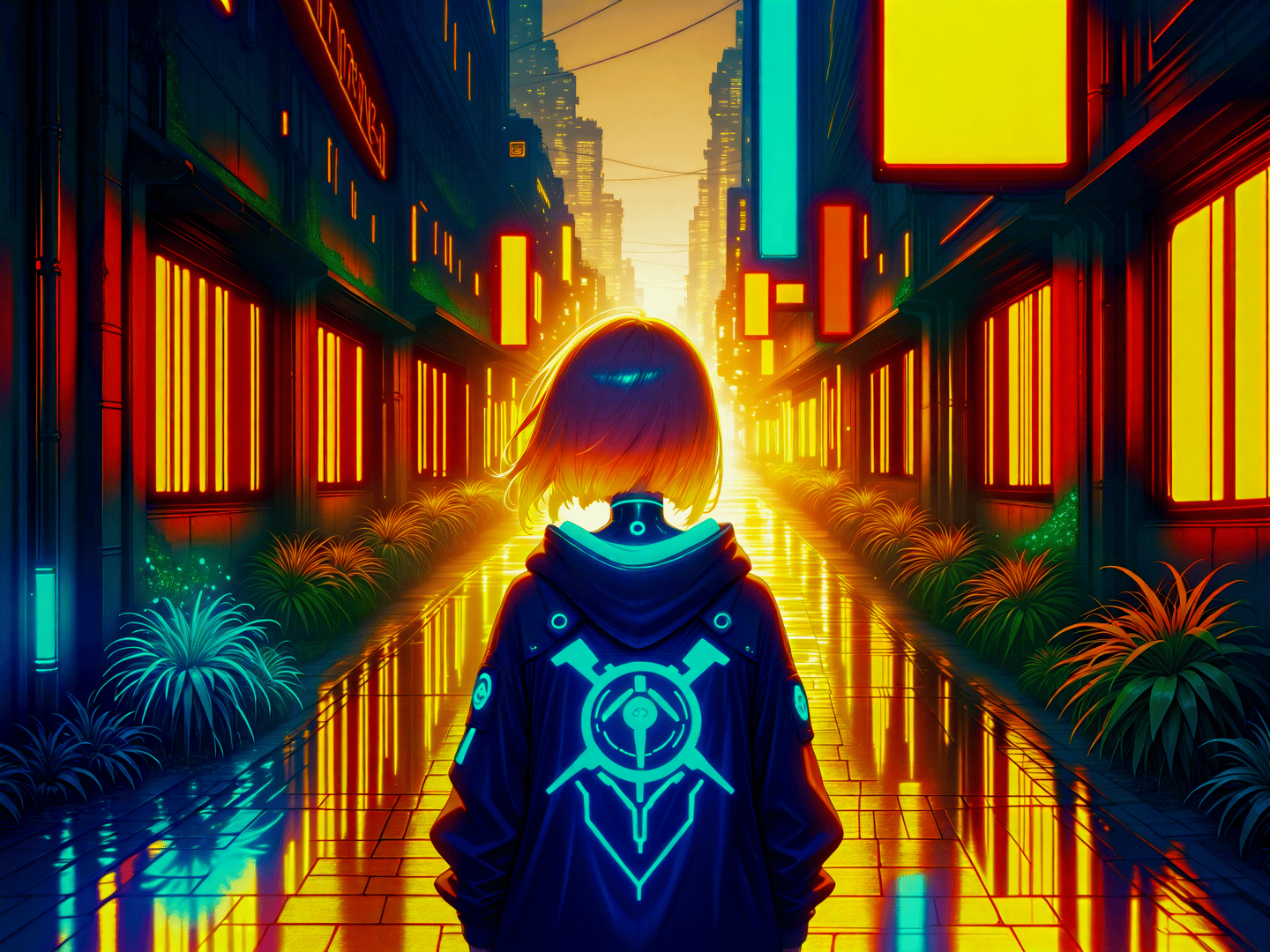 AI generated wallpaper featuring girl, alley, neon