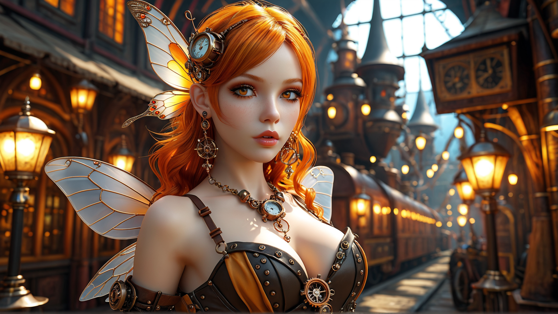 AI generated wallpaper featuring fairy, steampunk, girl, wings, clocks, train, lanterns, gears, corset, hair