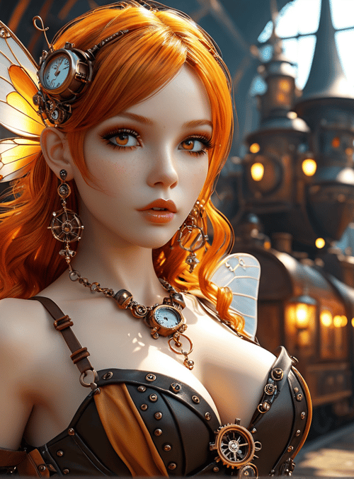 fairy, steampunk, girl, wings, clocks, train, lanterns, gears, corset, hair