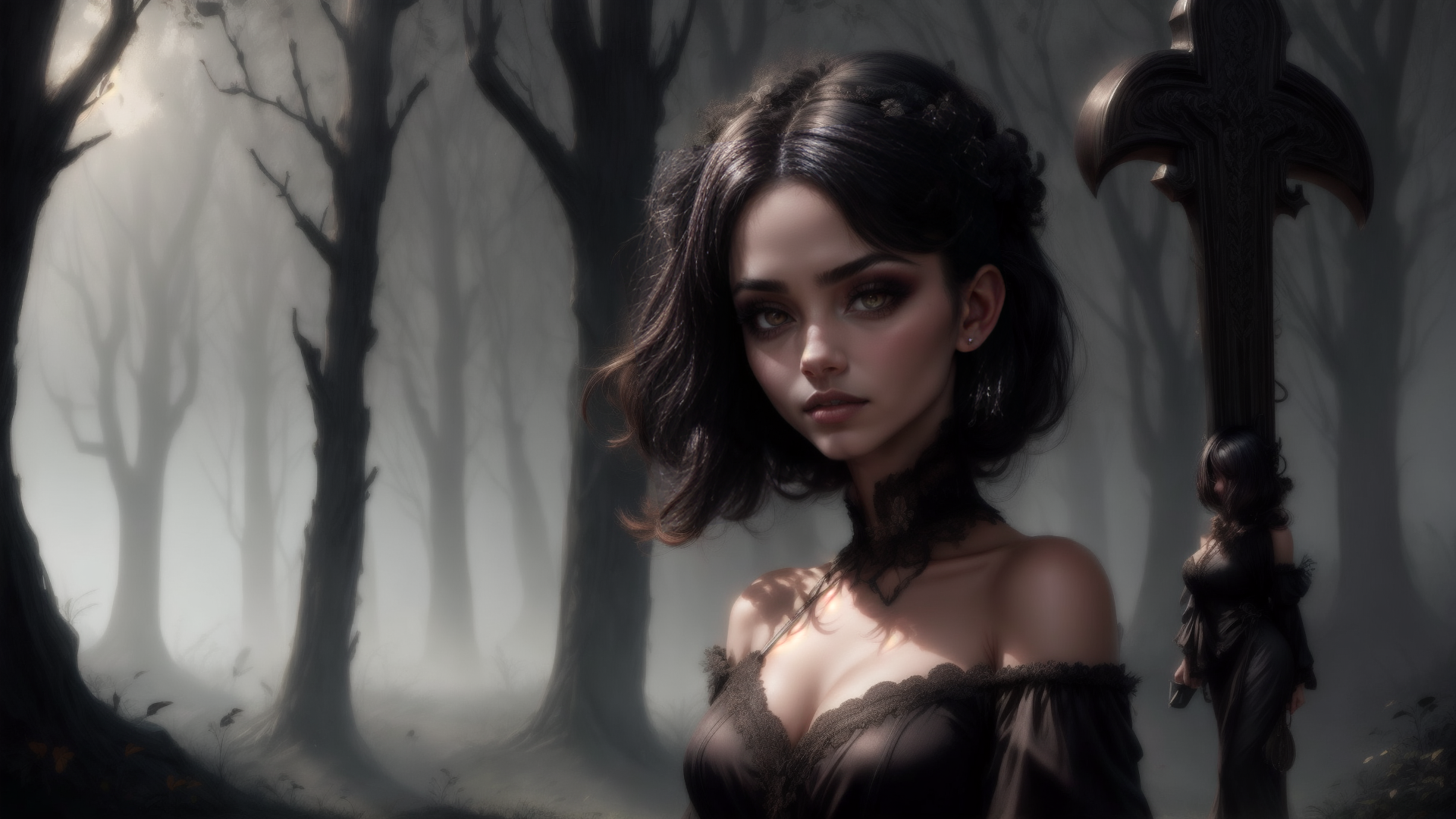 AI generated wallpaper featuring woman, cross, forest